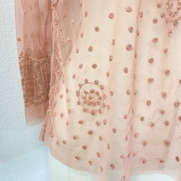 Betty Barclay Pink Sheer Blouse Large Mesh Embroidery Long Sleeves Whimsy Fairy - Picture 5 of 9